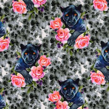 Baumwoll Jersey Panther auf Animalprint schwarz mit Pinken Blumen